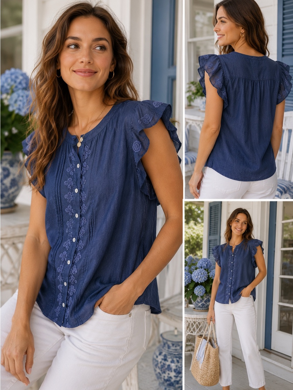 J.Crew Embroidered Ruffle Sleeve Blue Cotton Blouse Size 16